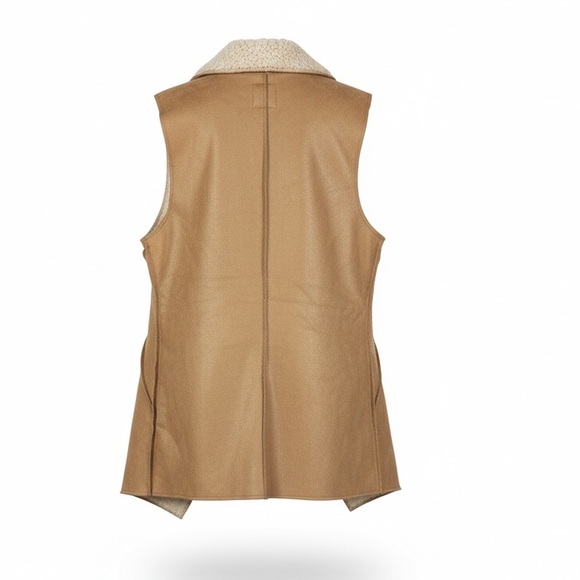 Cherish Faux Suede & Sherpa Tan Shearling Drape Front Moto Vest Jacket Small - Picture 3 of 8
